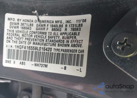 2009 Honda Civic Lx from USA, damaged, VIN 1HGFA16559L016420